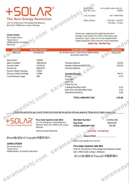 Malaysia Plus Solar Systems Sdn Bhd utility bill template in Word and PDF format